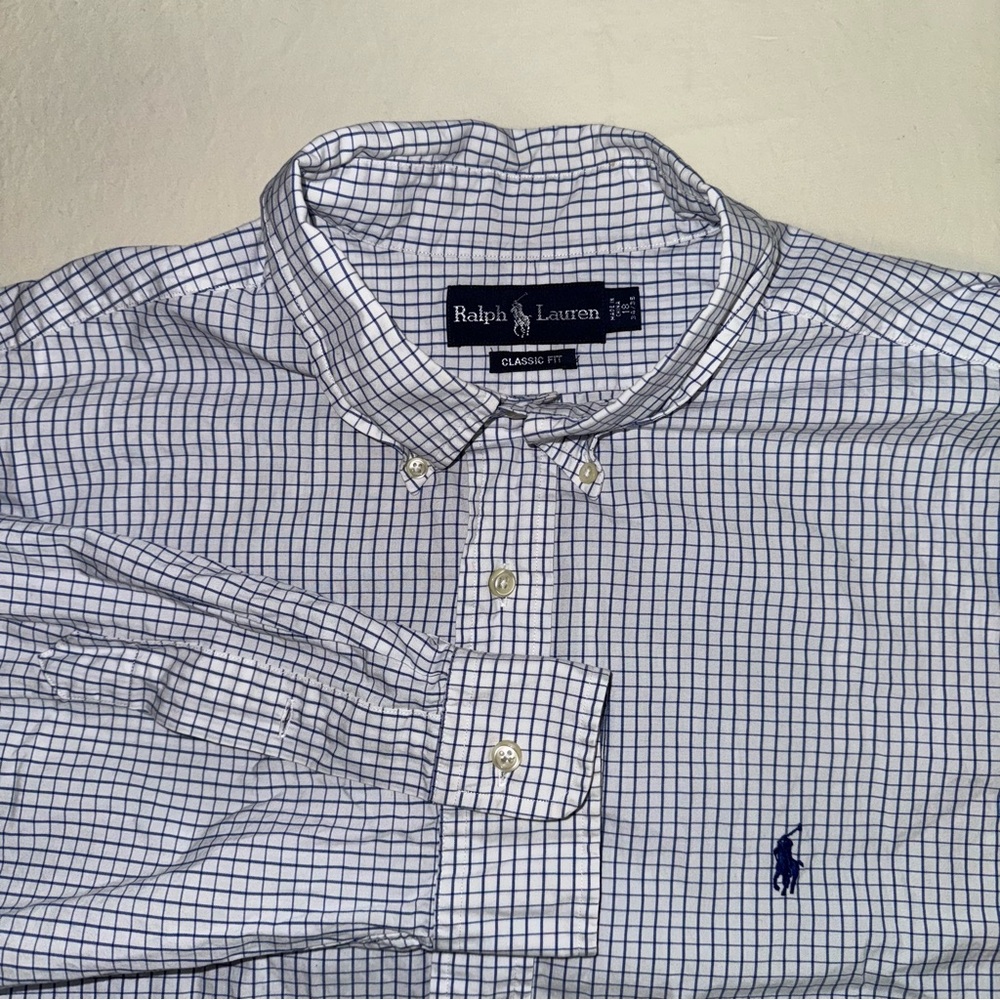 Ralph Lauren Men's Blue and White Grid Shirt